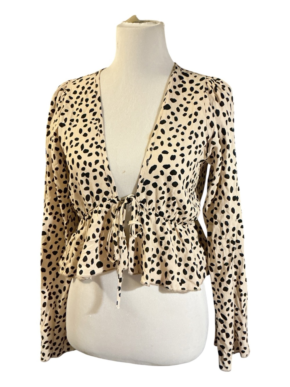 Free People Beige and Black Dotted Tie-Front Peplum Top